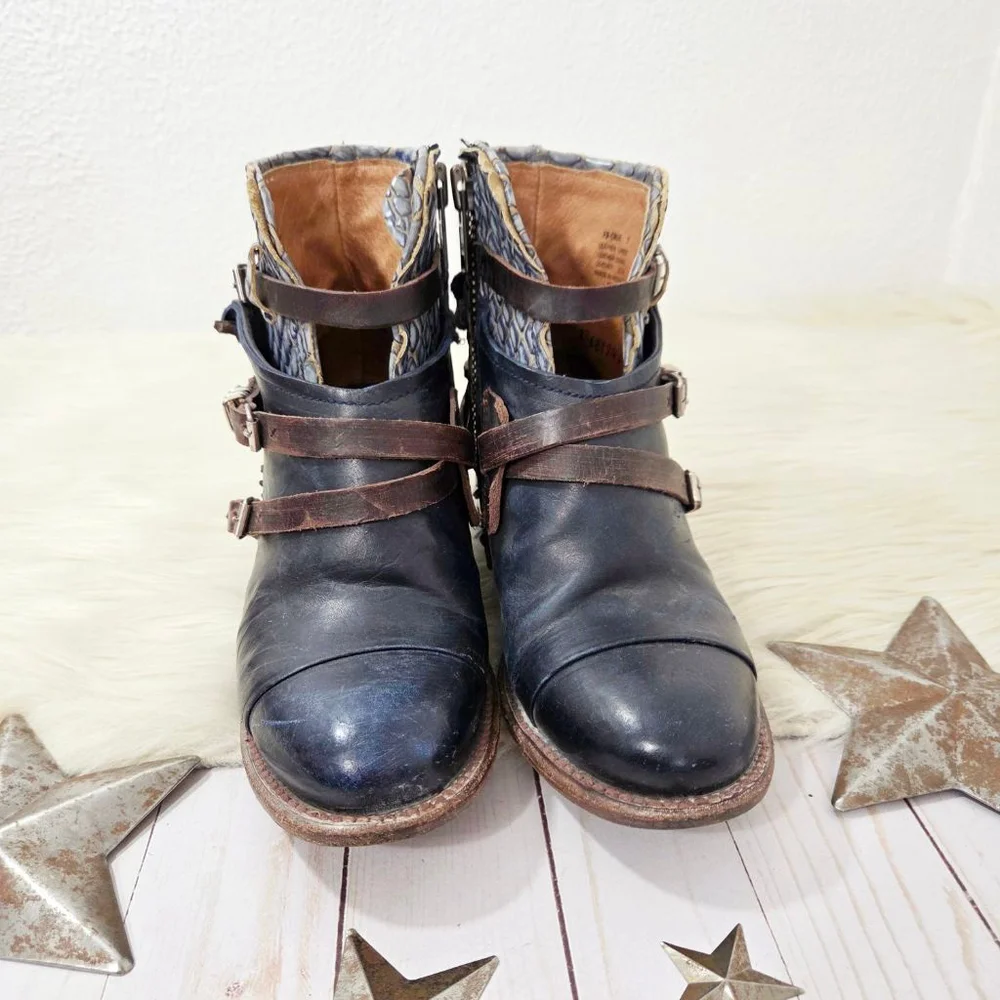 Freebird Crue Ankle boots navy multi dark blue strappy leather booties women's 7